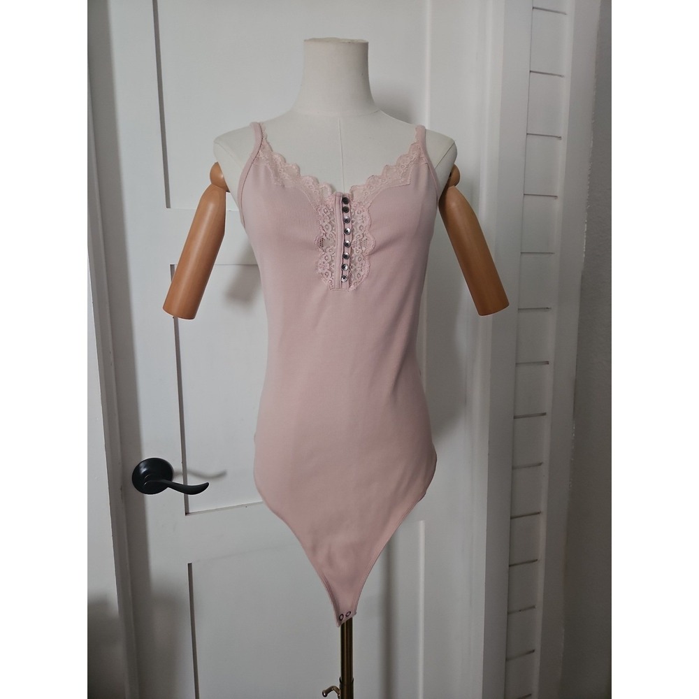 Abercrombie & Fitch Pink Lace Trim Henley Bodysuit Size XL - Y2K Fairycore